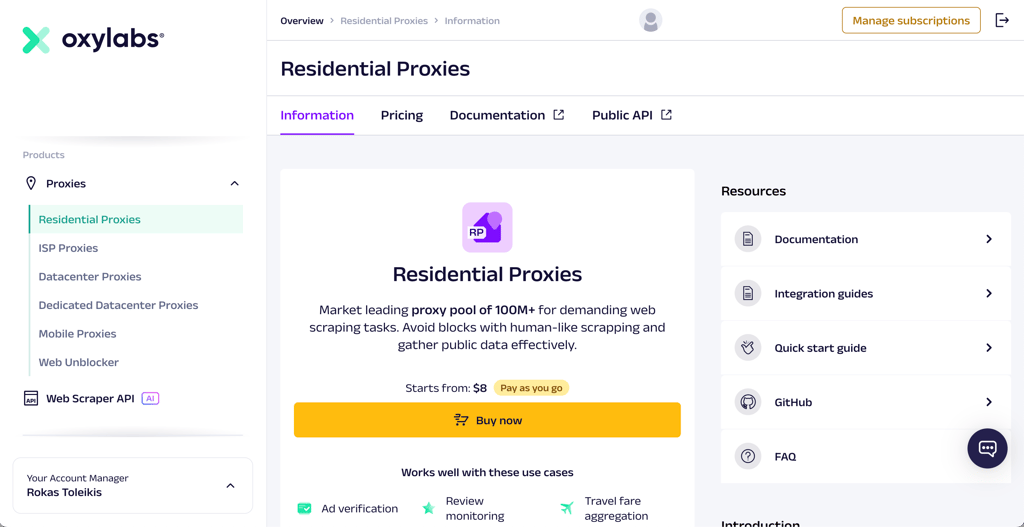 Oxylabs rotating proxies dashboard