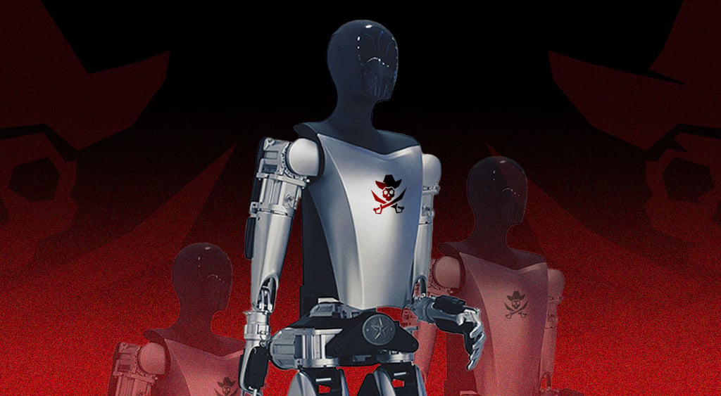 Humanoid robot with a pirate symbol on its chest