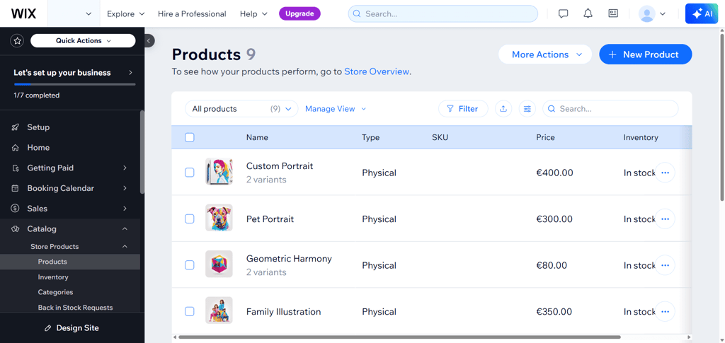 Wix product management page