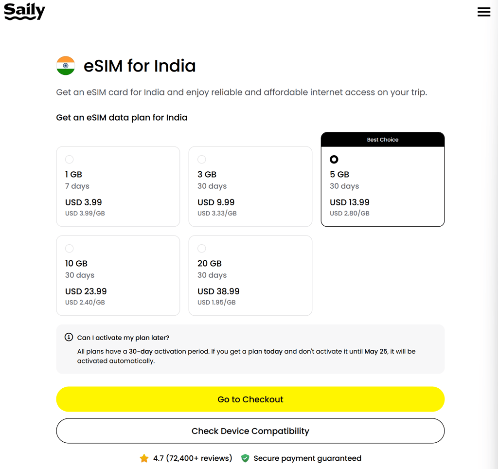 Saily eSIM plans for India