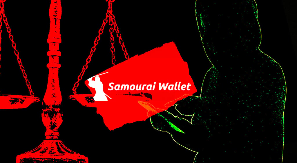 hacker holding samourai wallet logo on scale