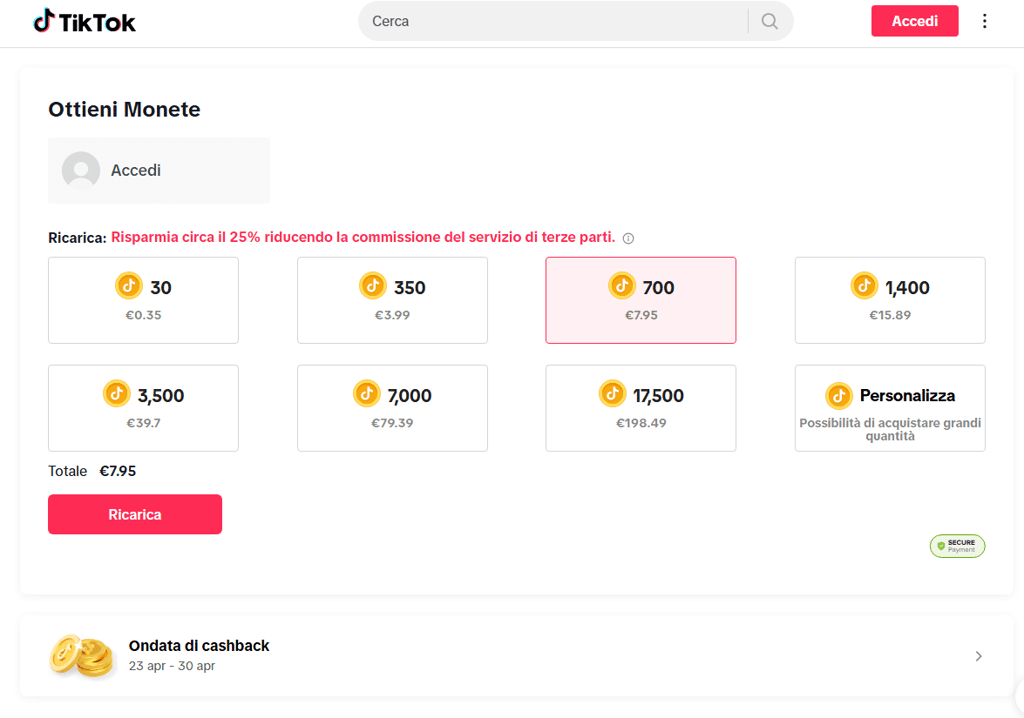 tiktok coins selection
