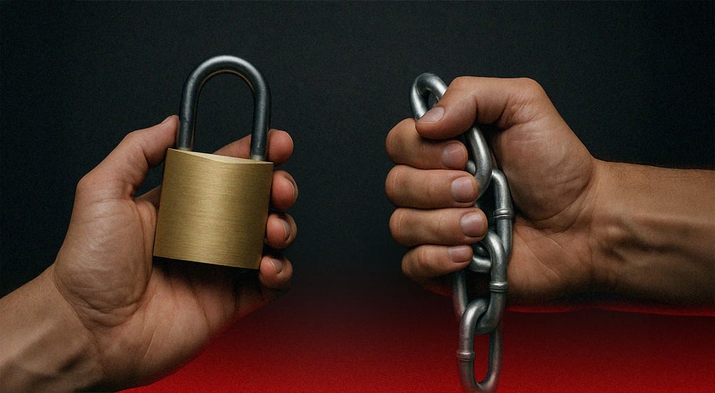 one hand holding lock, one hand holding chain