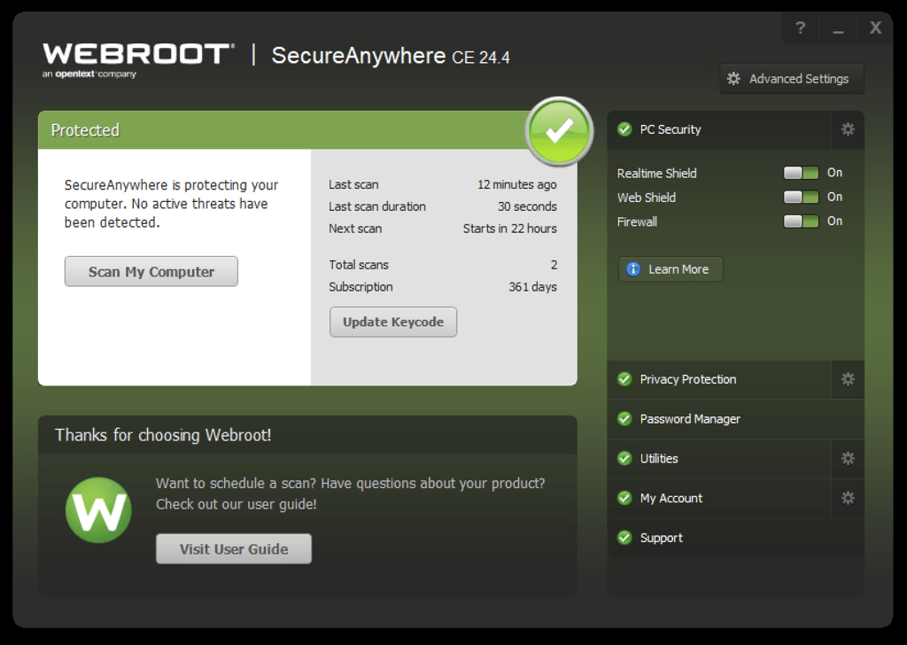 Webroot antivirus interface