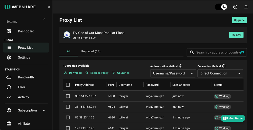 Webshare rotating proxies dashboard