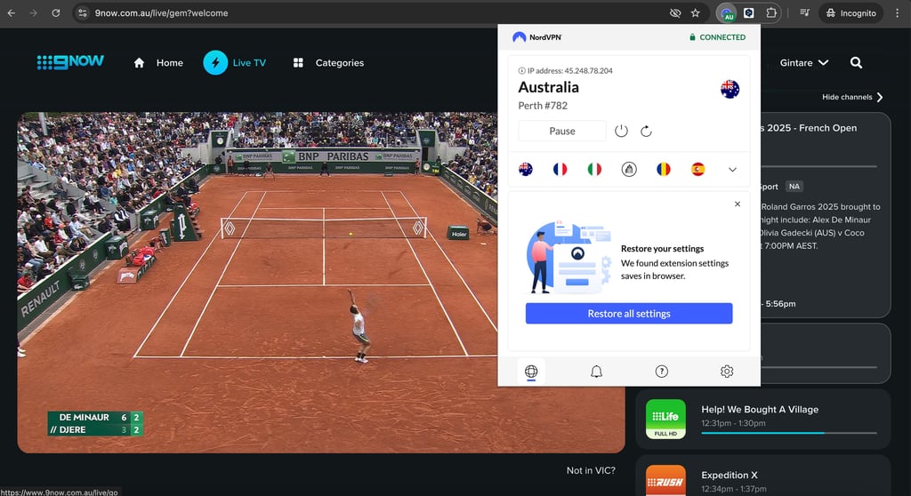 9Now Roland Garros unblocked