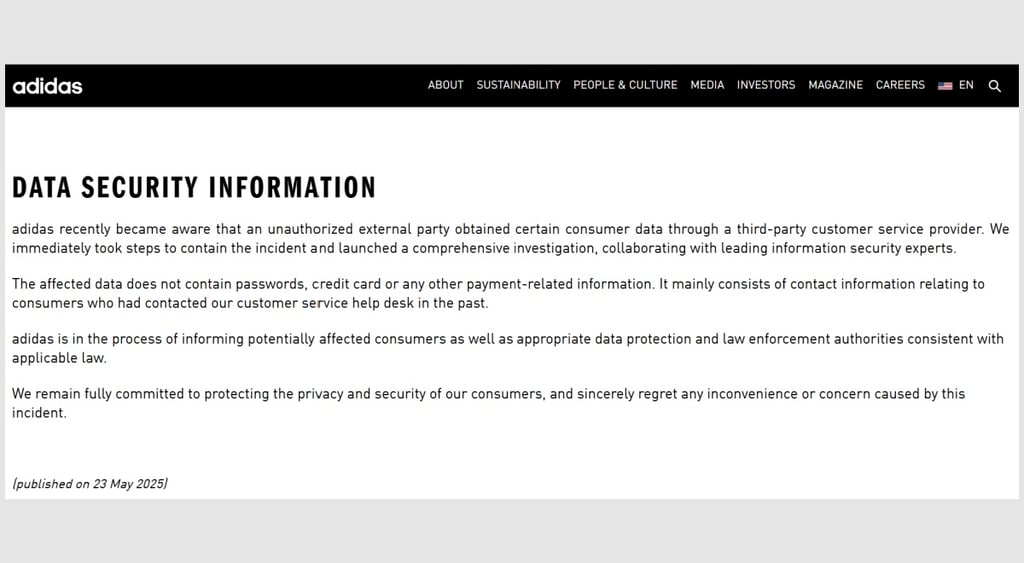 Adidas breach website notice