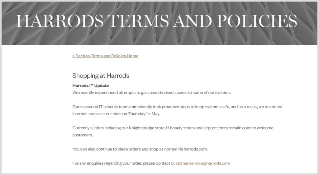 Harrods cyberattck notice