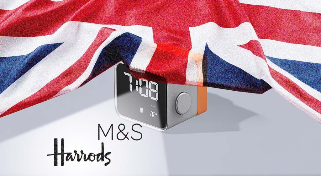 UK flag with alarm clock, M&S and Harrods logos