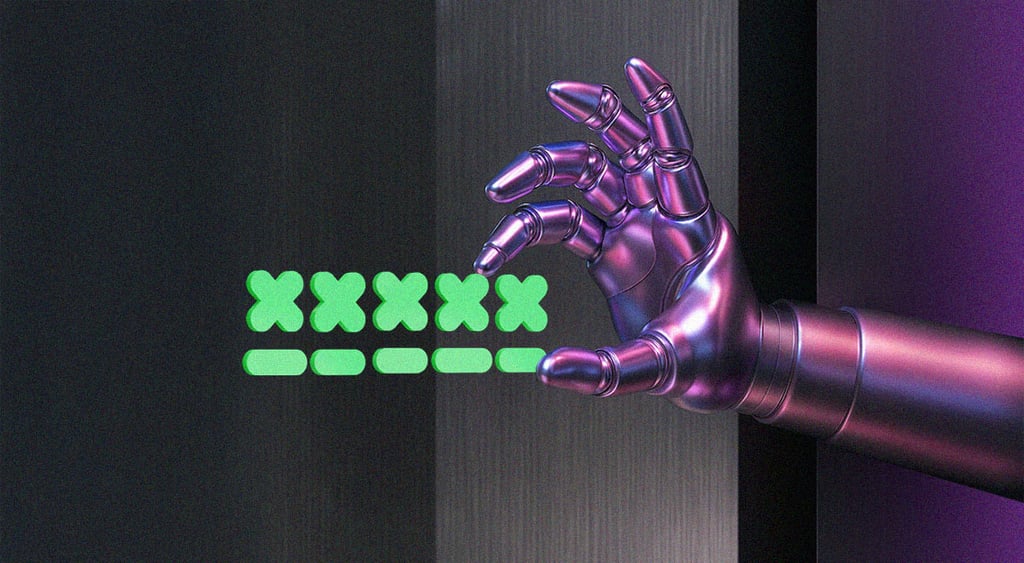 A robot hand holding a code; AI in cybersecurity; passwords