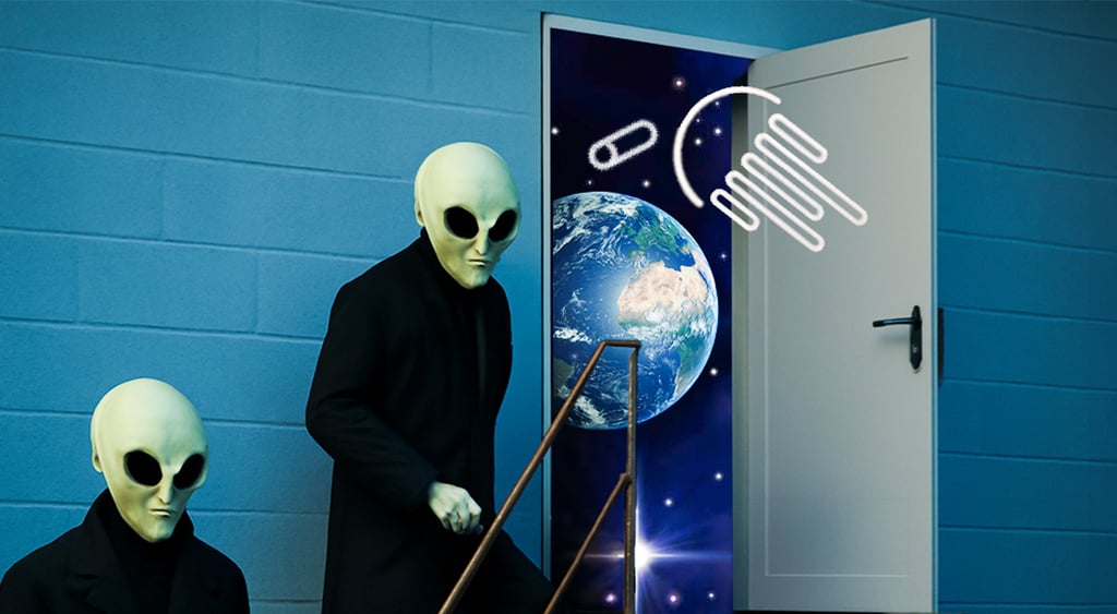 Two aliens stepping through a space portal.