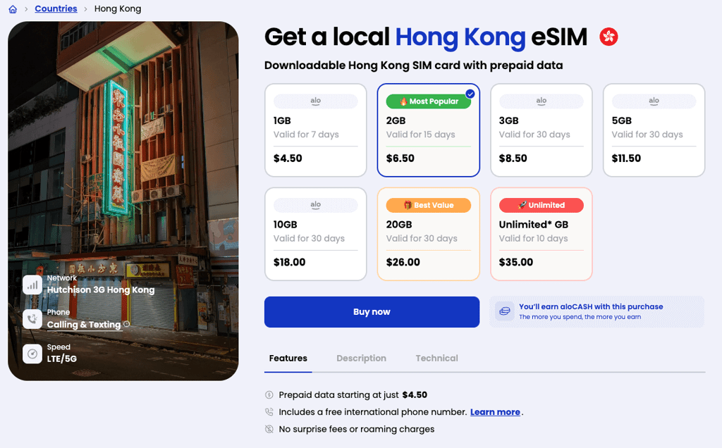 aloSIM eSIM Hong Kong pricing