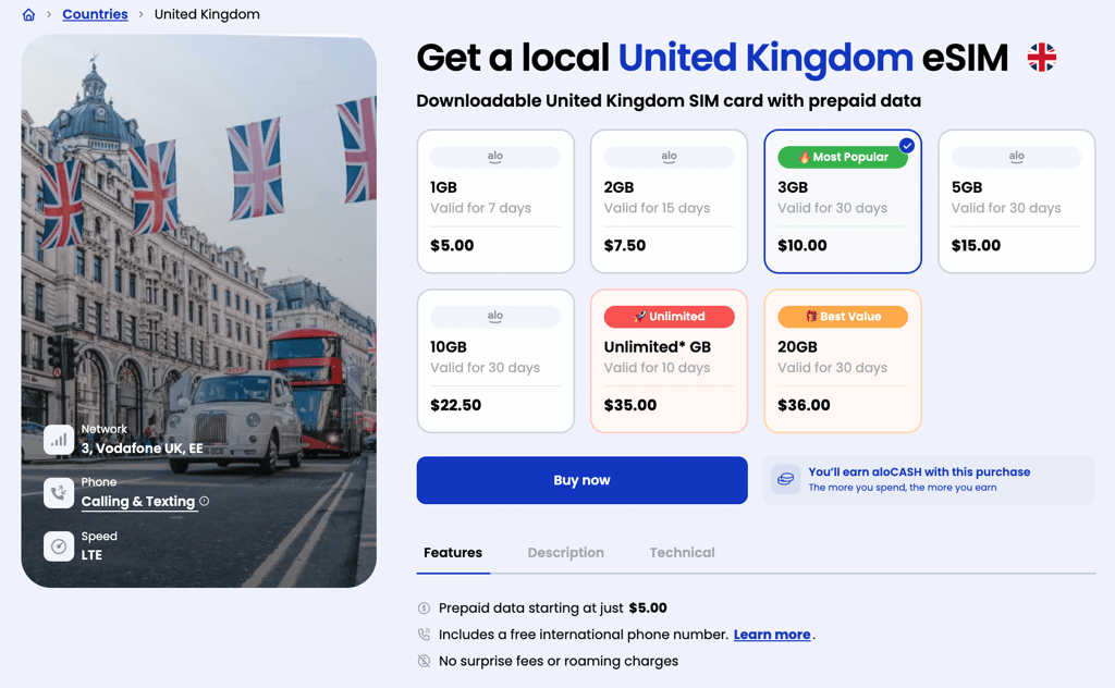 aloSIM for United Kingdom plans and pricing