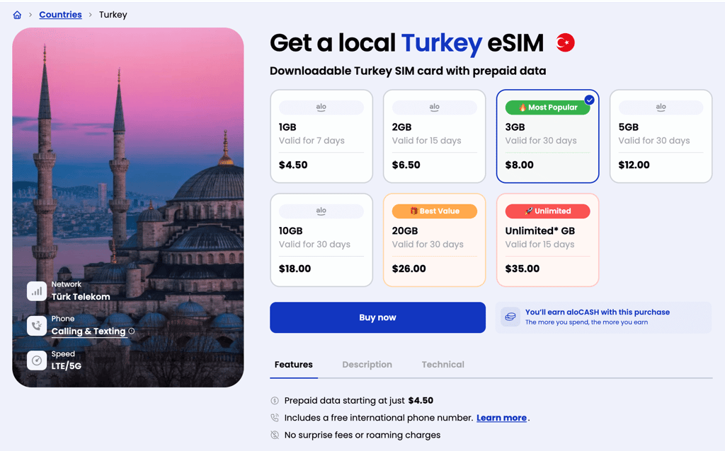 aloSIM eSIM for Turkey plans and pricing