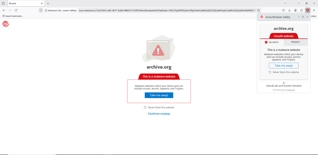 Avira Browser Safety extension blocking a suspicious website