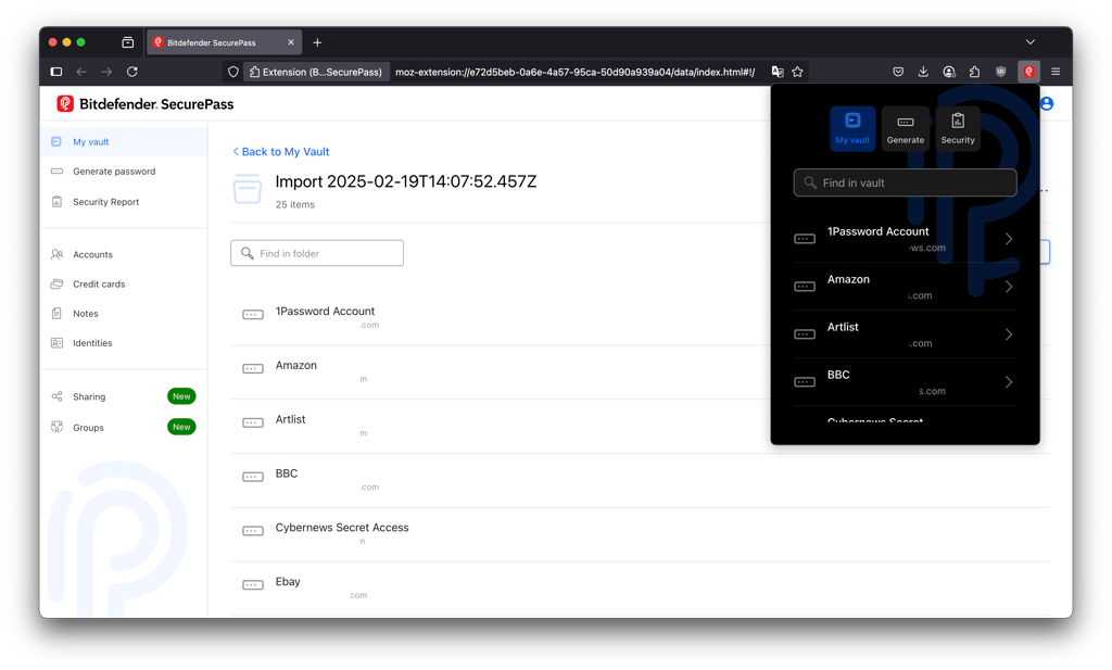 Bitdefender SecurePass (password manager) interface