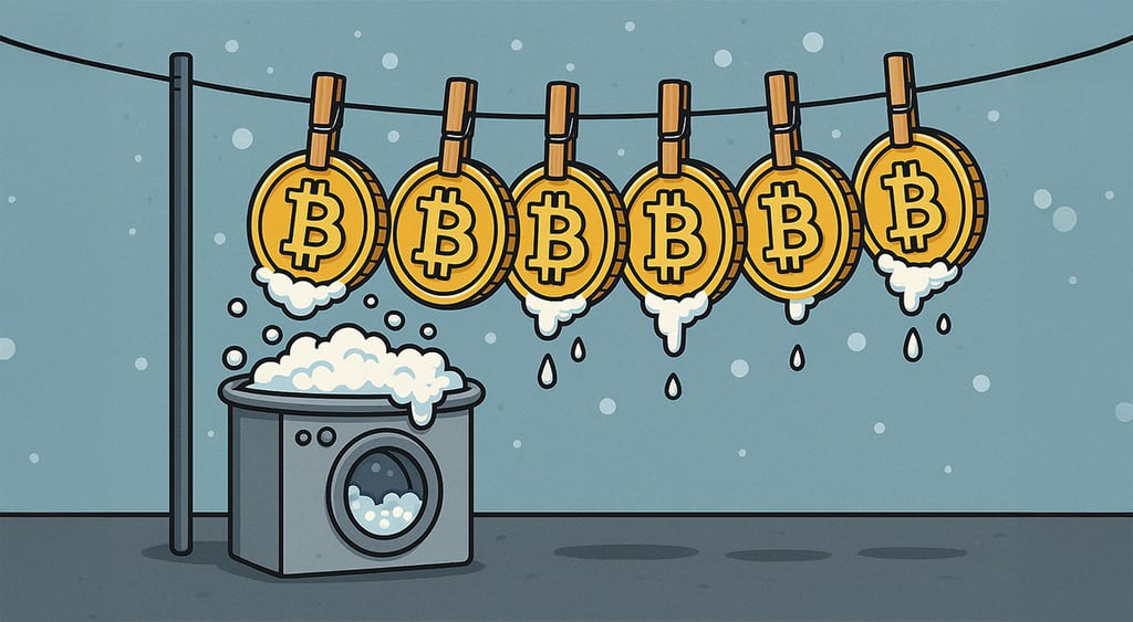 wet crypto coins hanging out to dry with washing machine below them