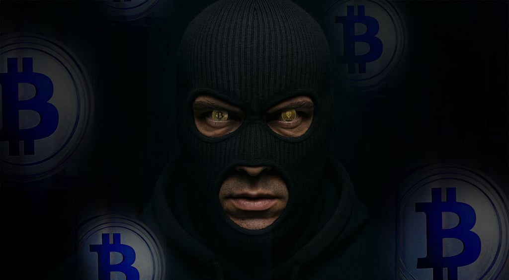 thief with bitcoins instead of eyes, black mask