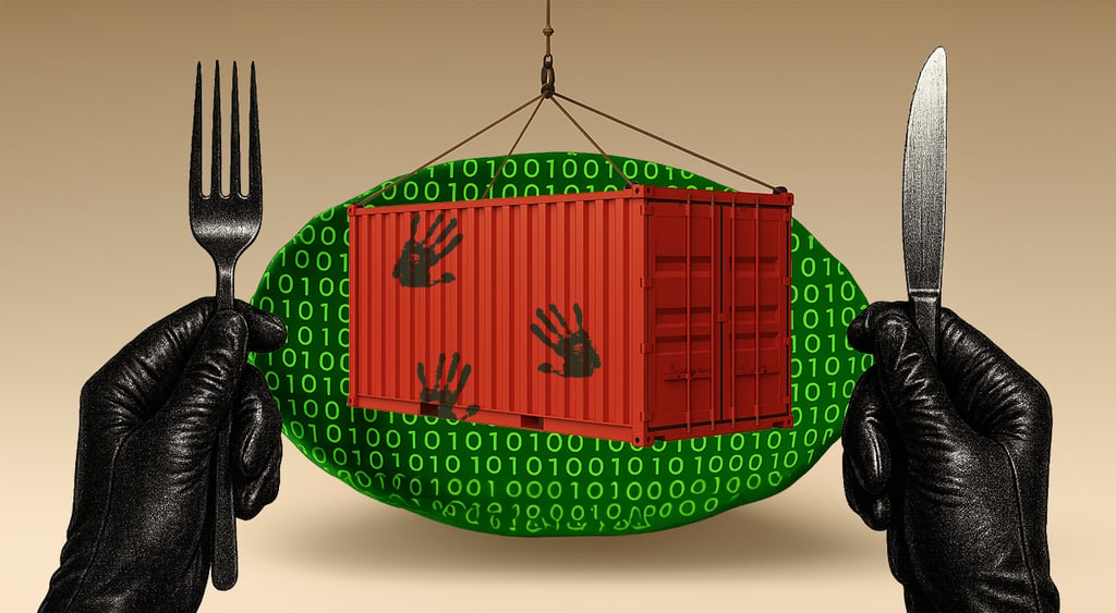 cyber criminal with knife and form in hands about to eat a storage unit