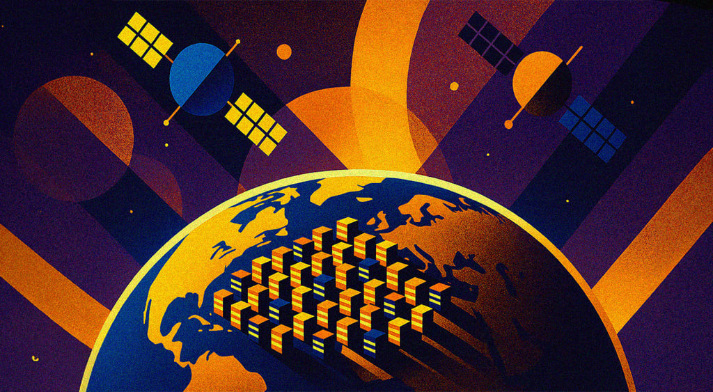 Data centers in space in a colorful cubist style.