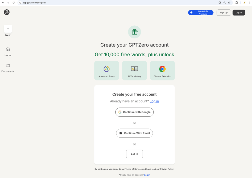 gptzero create account page