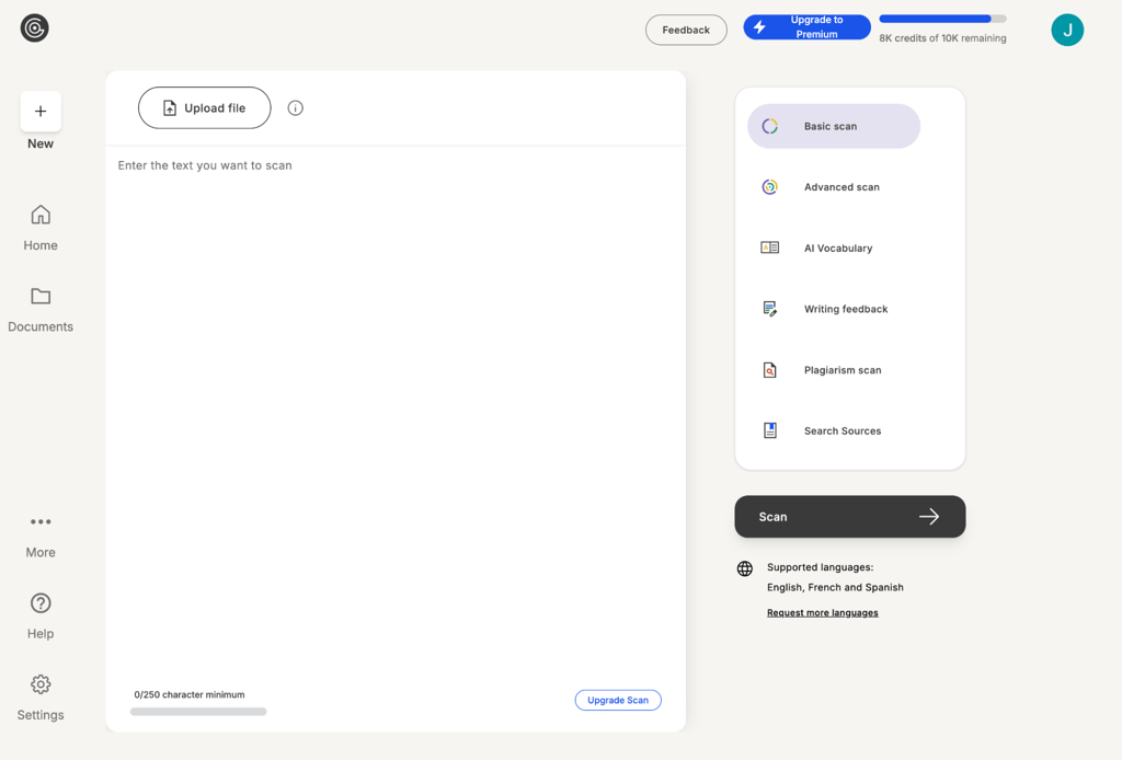 gptzero upload file page