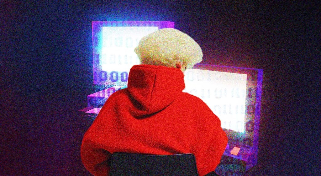 blonde hacker on a laptop with red jumper