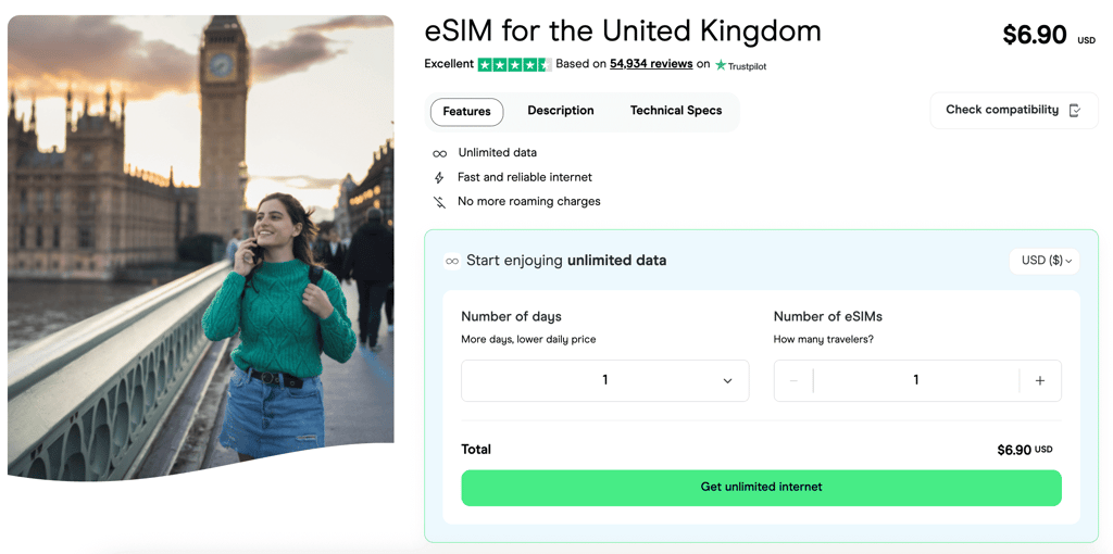 Holafly eSIM for United Kingdom plans and pricing