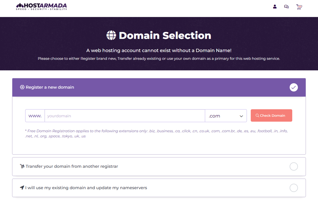 hostarmada domain selection