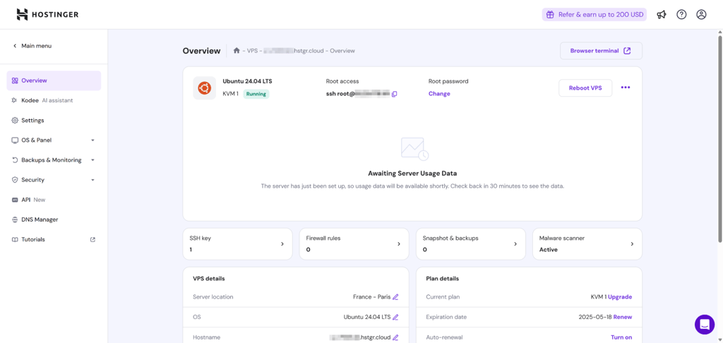 hostinger panel overview
