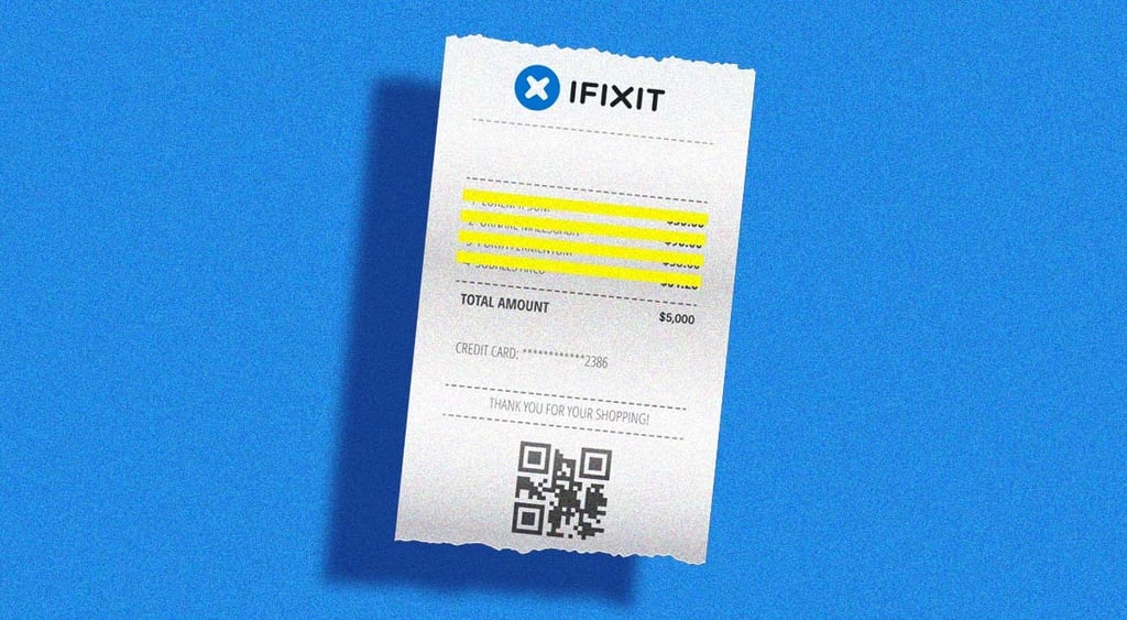 ifixit bill for 5000 dollars, qr code, blue background