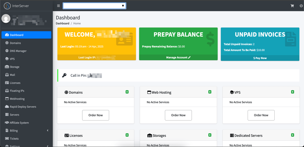 InterServer dashboard new
