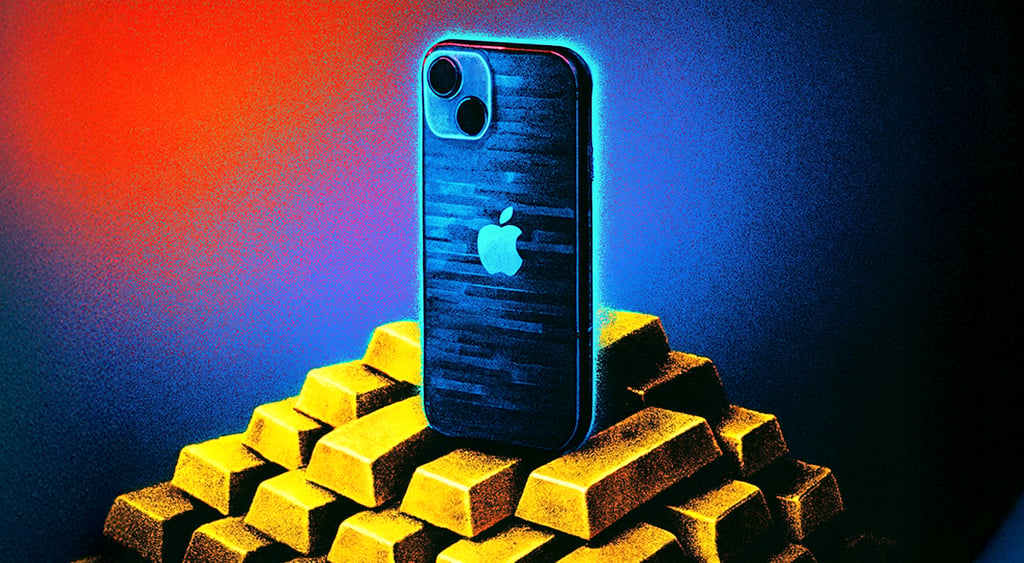 iphone on top an a load of gold bricks, red and blue background