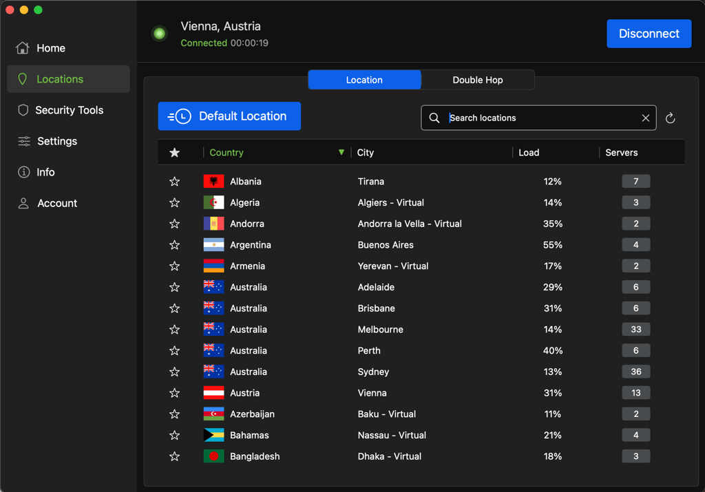 IPVanish server network on macOS app
