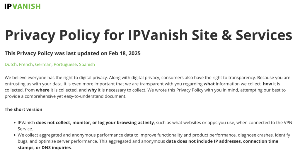 IPVanish's privacy policy excerpt