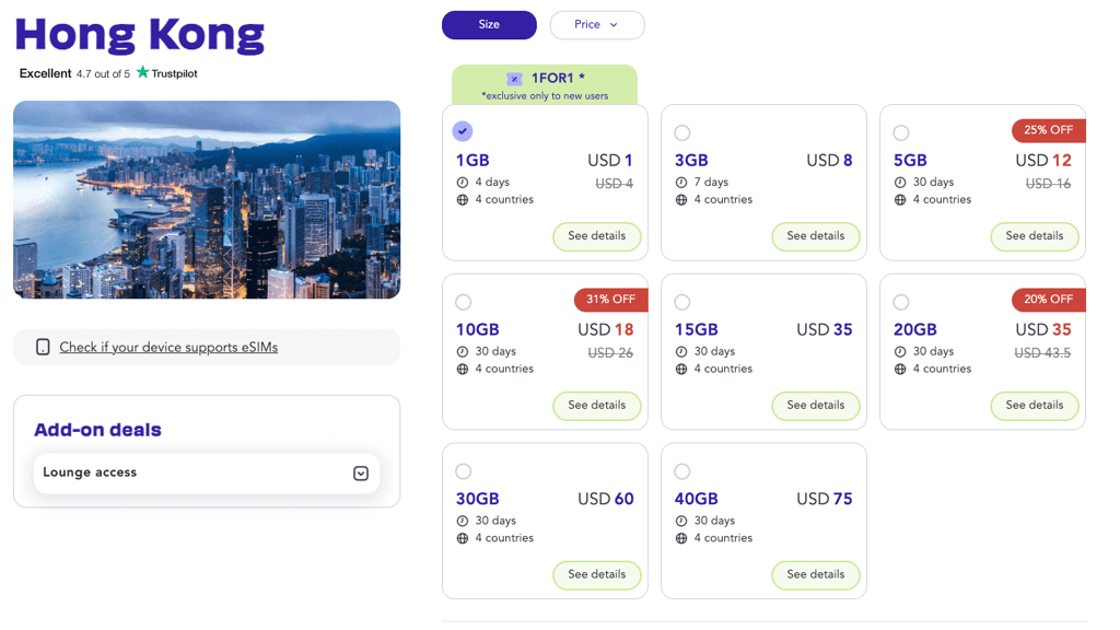 Jetpac eSIM Hong Kong pricing