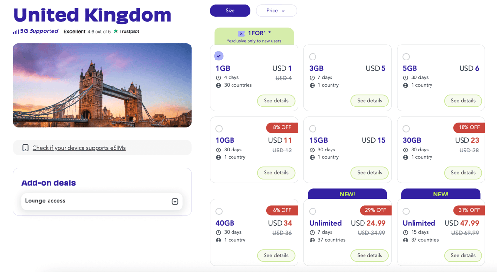 Jetpac eSIM for United Kingdom plans and pricing