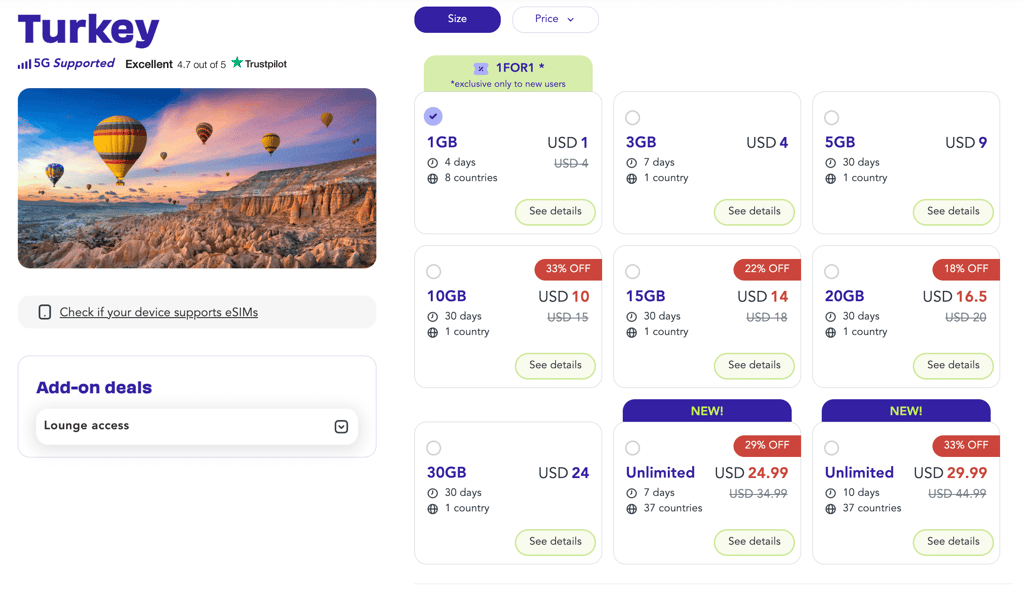 Jetpac eSIM for Turkey plans and pricing