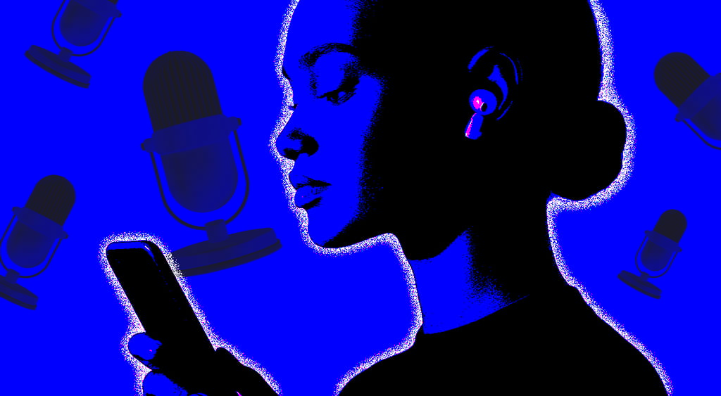 woman with phone, blue bakground, earphone
