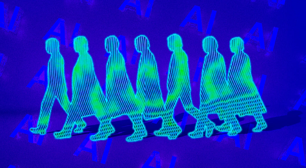 AI agents marching together, glowing blue and green.