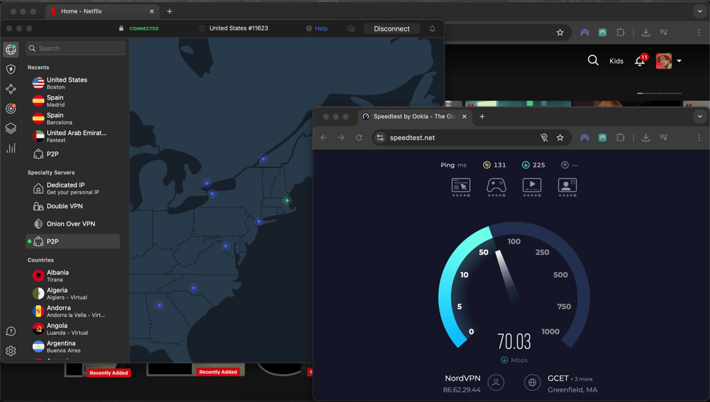 Using Ookla to test NordVPN speed