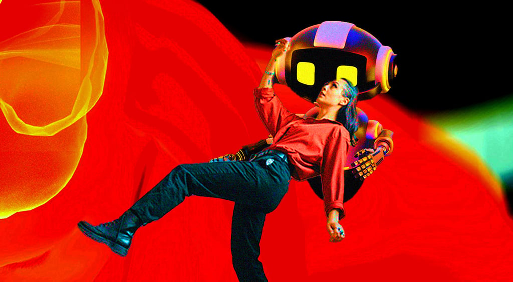 woman in red shirt falls and bot catches her