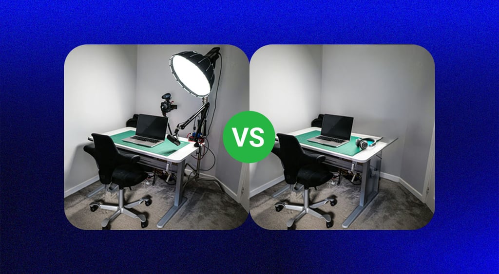 podcast setup, light, chair, laptop, headphones