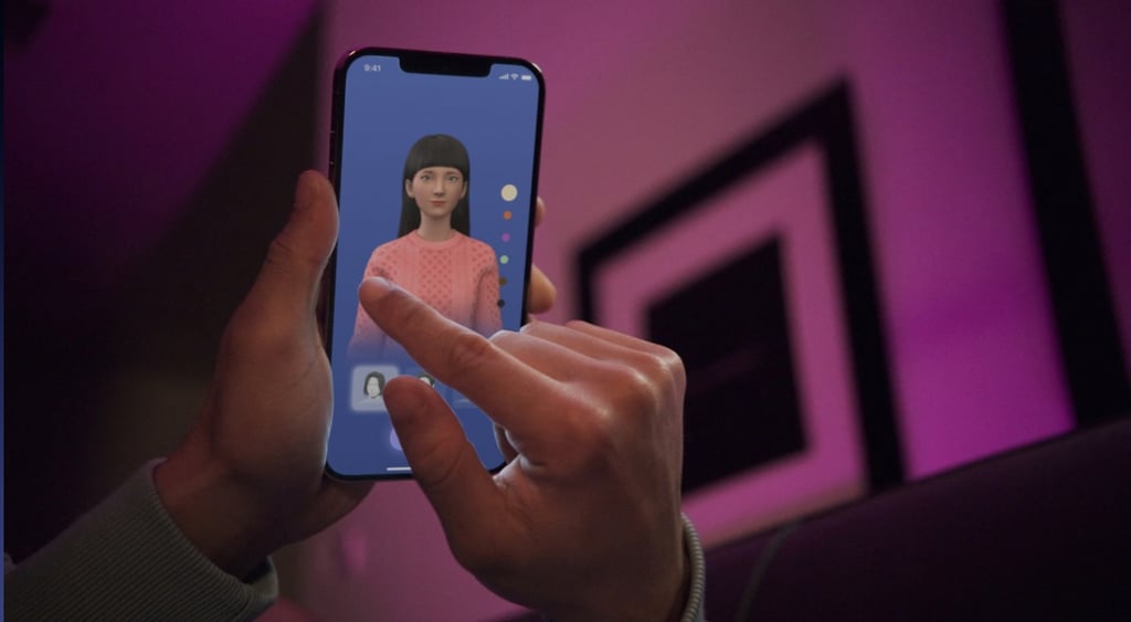 avatar on the phone, girl in black hair ant pink sweater, man hand swiping, pink backgrounf