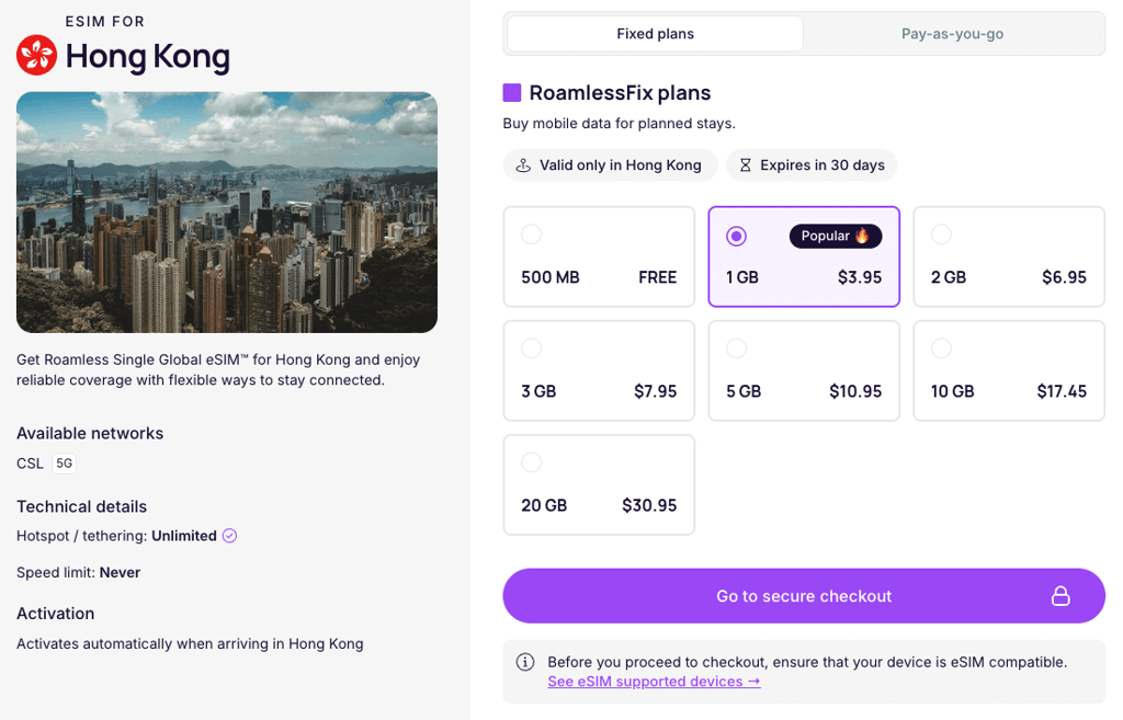 Roamless eSIM Hong Kong pricing
