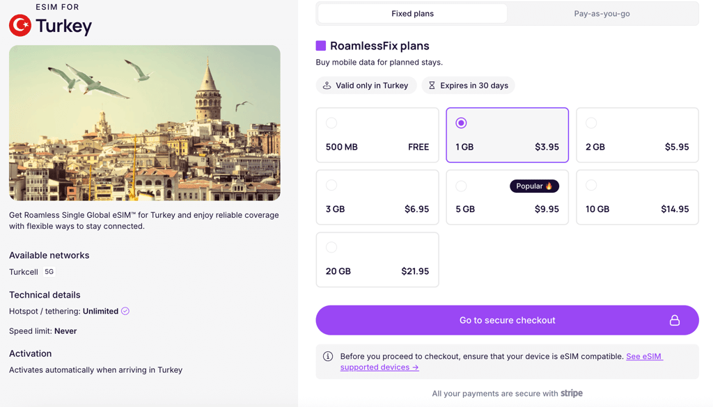 Roamless eSIM for Turkey plans and pricing