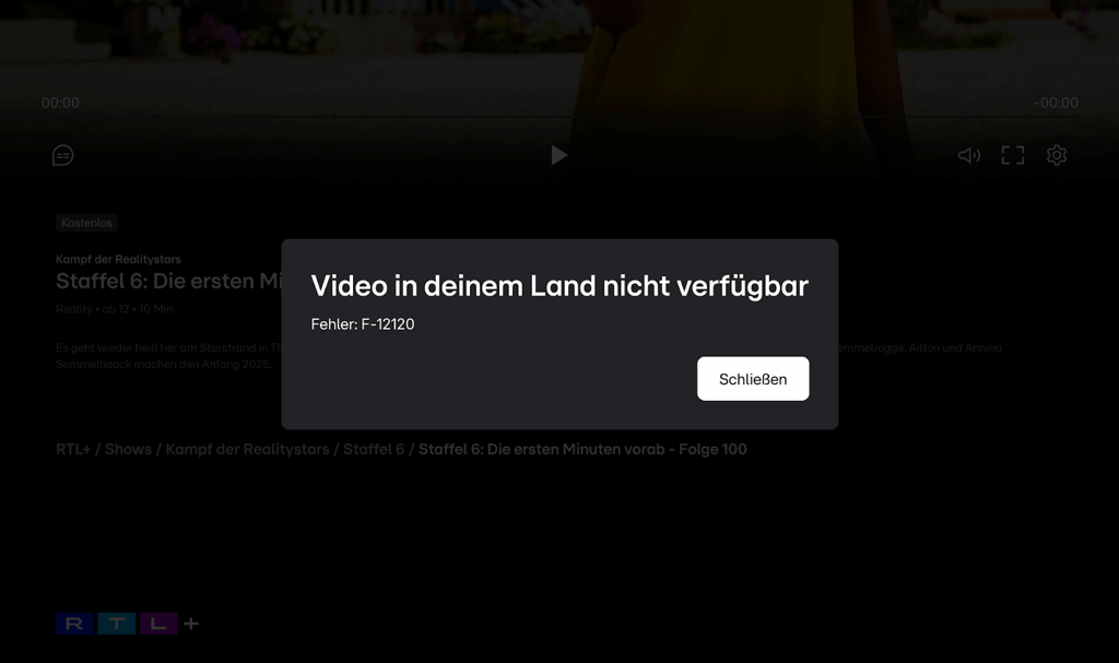 RTL+ Realitystars Fehlermeldung