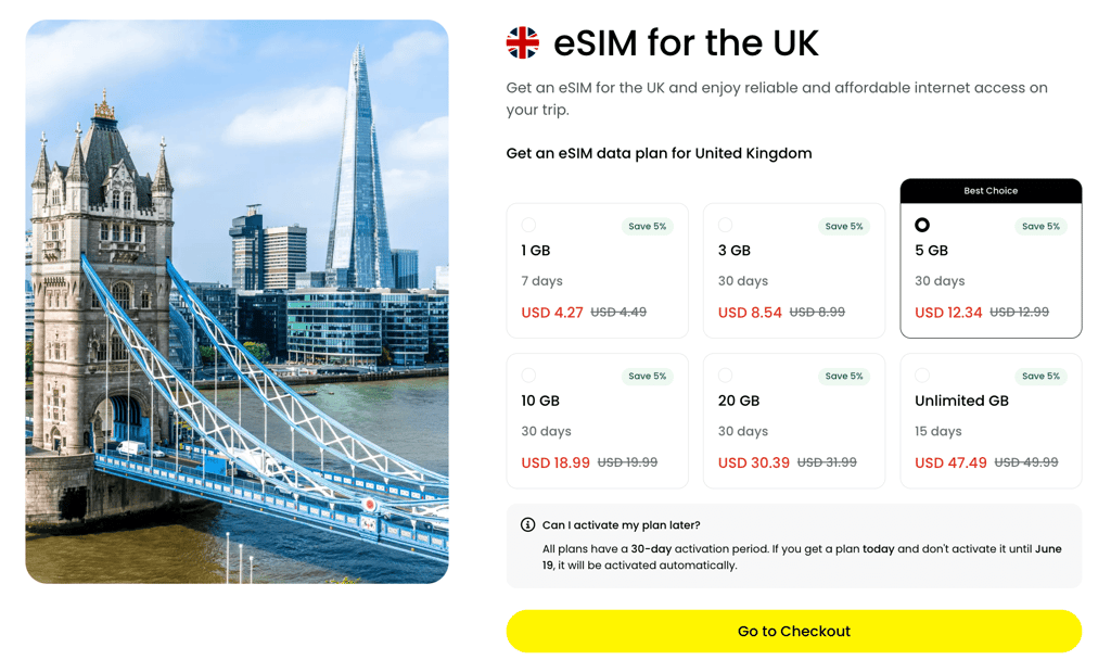 Saily eSIM for United Kingdom plans and pricing