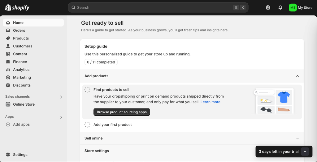 Shopify dashboard