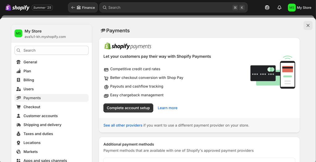 shopify payments tab